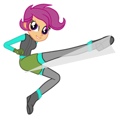 Size: 1205x1194 | Tagged: safe, artist:gmaplay, scootaloo, equestria girls, g4, boots, clothes, gloves, jacket, kick, kicking, older, older scootaloo, shoes, shorts, simple background, solo, transparent background