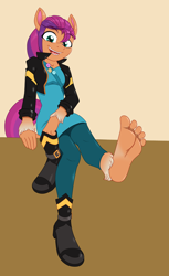Size: 728x1187 | Tagged: safe, artist:caroo, sunny starscout, earth pony, anthro, plantigrade anthro, g5, badge, bag, barefoot, boots, clothes, feet, female, fetish, foot fetish, foot focus, jacket, looking at you, open mouth, shoes, sitting, soles, solo, toes