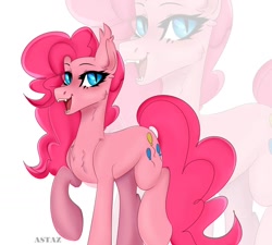 Size: 1336x1200 | Tagged: safe, artist:astazi-meow, pinkie pie, earth pony, pony, g4, cheek fluff, chest fluff, cute, cute little fangs, ear fluff, fangs, female, looking at you, mare, open mouth, raised hoof, solo, teeth, text, zoom layer