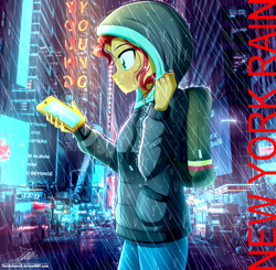 Size: 1720x1683 | Tagged: safe, artist:the-butch-x, sunset shimmer, equestria girls, g4, backpack, cellphone, city, clothes, female, hoodie, new york city, phone, rain, skyscraper, smartphone, solo