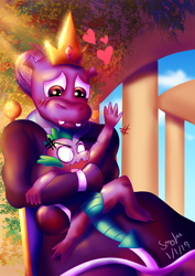 Size: 2894x4093 | Tagged: safe, artist:smolsoviet, queen of the hippos, spike, dragon, hippopotamus, anthro, g4, my little pony: the movie, clothes, cross-popping veins, crown, detailed background, digital art, heart, hug, jewelry, looking down, no pupils, regalia, tail