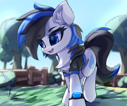 Size: 2137x1783 | Tagged: safe, artist:jfrxd, oc, oc only, oc:blueseapony, earth pony, pony, pony town, black hair, blue eyes, clothes, earth pony oc, grass, happy, hoodie, jacket, pony town indonesia, solo