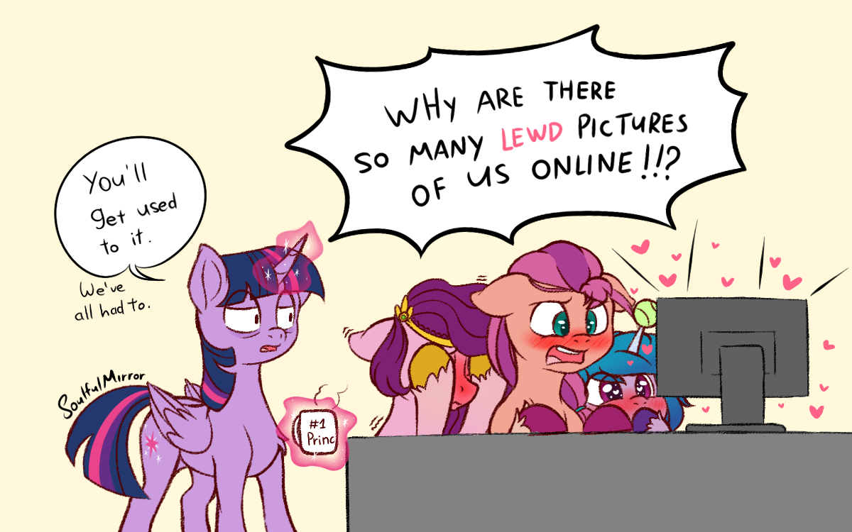 2561761 - safe, artist:soulfulmirror, izzy moonbow, pipp petals, sunny  starscout, twilight sparkle, alicorn, earth pony, pegasus, pony, unicorn,  g4, g5, ball, blushing, coffee mug, computer, covering eyes, covering  mouth, cutie mark, dialogue,