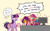 Size: 1200x750 | Tagged: safe, artist:soulfulmirror, izzy moonbow, pipp petals, sunny starscout, twilight sparkle, alicorn, earth pony, pegasus, pony, unicorn, g4, g5, ball, blue mane, blushing, chest fluff, coffee mug, colored hooves, computer, covering eyes, covering mouth, cutie mark, cyan eyes, dialogue, embarrassed, female, gold hooves, heart, heart eyes, hooves, horn, hornball, implied porn, izzy's tennis ball, lewd, magic, magic aura, mare, meta, monitor, mug, open mouth, orange coat, pipp petals is not amused, purple coat, purple eyes, speech bubble, sunny starscout is not amused, table, talking, telekinesis, tennis ball, three toned mane, three toned tail, twilight sparkle (alicorn), two toned mane, unamused, unshorn fetlocks, varying degrees of want, wingding eyes, wings