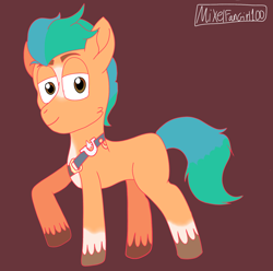 Size: 1474x1464 | Tagged: safe, artist:mixelfangirl100, hitch trailblazer, earth pony, pony, g5, brown background, looking at you, male, raised hoof, signature, simple background, smiling, solo, stallion, unshorn fetlocks