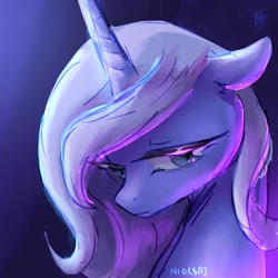 Size: 2000x2000 | Tagged: safe, artist:niorsaj, princess luna, alicorn, pony, g4, bust, female, floppy ears, high res, mare, portrait, signature, solo, younger