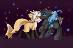 Size: 3000x2000 | Tagged: safe, alternate version, artist:etoz, oc, oc only, oc:archex, changeling, original species, pony, shark, shark pony, unicorn, blue changeling, blushing, changeling oc, commission, eyes closed, female, high res, horn, horns, kissing, male, mare, stallion, standing, tail, unicorn oc, wings, ych result