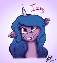 Size: 720x800 | Tagged: safe, artist:sukipershipper, izzy moonbow, pony, unicorn, g5, bust, female, floppy ears, grin, looking at you, mare, portrait, signature, smiling, solo, teeth, text