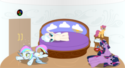 Size: 11490x6240 | Tagged: safe, artist:kyoshyu, princess cadance, scootaloo, twilight sparkle, oc, oc:eclaircie clearing, oc:gallery dart, bat pony, pony, g4, absurd resolution, blood, female, goggles, lying down, mare, nosebleed, plushie, prone, vector