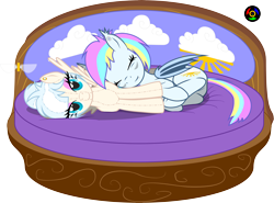 Size: 4974x3674 | Tagged: safe, artist:kyoshyu, oc, oc:eclaircie clearing, oc:gallery dart, bat pony, pegasus, pony, absurd resolution, bed, female, mare, plushie, simple background, transparent background, vector