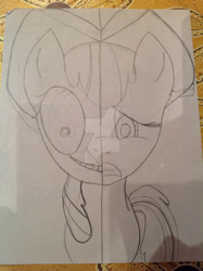 Size: 1024x1371 | Tagged: safe, apple bloom, earth pony, pony, g4, bow, creepybloom, deviantart watermark, female, filly, hair bow, obtrusive watermark, pencil drawing, scared, sketch, smiling, traditional art, two sides, watermark