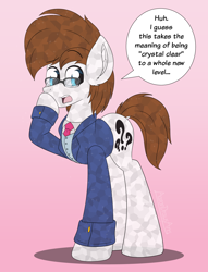 Size: 2900x3800 | Tagged: safe, alternate version, artist:aarondrawsarts, oc, oc only, oc:brain teaser, earth pony, pony, clothes, commission, commissioner:reversalmushroom, crystallized, dialogue, dock, earth pony oc, glasses, high res, suit