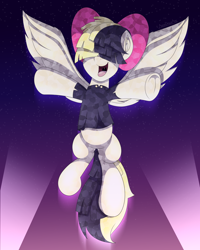 Size: 4800x6000 | Tagged: safe, alternate version, artist:aarondrawsarts, songbird serenade, crystal pony, pegasus, pony, g4, my little pony: the movie, commission, crystallized, female, frog (hoof), mare, smiling, solo, spotlight, spread wings, underhoof, wings
