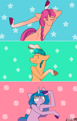 Size: 5120x8000 | Tagged: safe, artist:difis, hitch trailblazer, izzy moonbow, sunny starscout, earth pony, pony, unicorn, semi-anthro, g5, abstract background, absurd resolution, ball, braid, chest fluff, eyes closed, female, floppy ears, izzy's tennis ball, keep your hands off eizouken, looking at you, male, mare, raised hoof, smiling, stallion, stars, tennis ball, text, trio, unshorn fetlocks