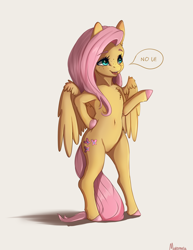 Size: 2000x2584 | Tagged: safe, artist:miokomata, fluttershy, pegasus, semi-anthro, g4, arm hooves, belly, belly button, bipedal, chest fluff, colored hooves, cute, female, freckles, freckleshy, high res, hoof on hip, mare, no u, open mouth, raised hoof, shyabetes, simple background, solo, speech bubble, white background