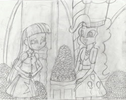 Size: 4148x3290 | Tagged: safe, artist:redfern05, pinkie pie, twilight sparkle, equestria girls, g4, maud pie (episode), chef's hat, chubby, duo, duo female, female, hat, high res, monochrome, rock candy, sketch, stuffed, traditional art