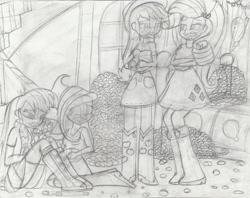 Size: 4148x3285 | Tagged: safe, artist:redfern05, applejack, fluttershy, rainbow dash, rarity, equestria girls, g4, maud pie (episode), chubby, clothes, equestria girls interpretation, female, food, high res, monochrome, rock candy, scene interpretation, sketch, skirt, stuffed, tongue out, traditional art