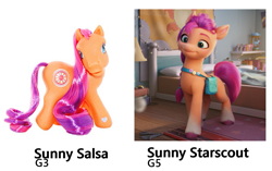 Size: 1071x672 | Tagged: safe, sunny salsa, sunny starscout, earth pony, pony, g3, g5, my little pony: a new generation, comparison, merchandise, toy