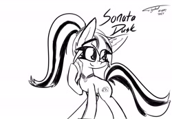 Size: 6500x4500 | Tagged: safe, artist:flywheel, sonata dusk, earth pony, pony, g4, alternate cutie mark, black and white, disguise, disguised siren, earth pony sonata dusk, equestria girls ponified, female, gem, grayscale, mare, monochrome, ponified, raised hoof, siren gem, sketch, solo