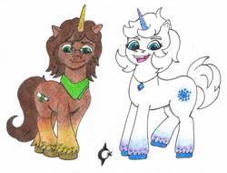 Size: 1502x1143 | Tagged: safe, artist:assertiveshypony, oc, oc only, oc:green scroll, oc:snowmoon, pony, unicorn, g5, clothes, drawing, glasses, happy, jewelry, looking at you, necklace, scarf, simple background, traditional art, white background