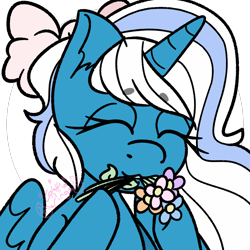 Size: 1000x1000 | Tagged: safe, artist:glittiewings, oc, oc:fleurbelle, alicorn, pony, alicorn oc, bow, eyes closed, female, flower, hair bow, horn, mare, mouth hold, simple background, transparent background, wings