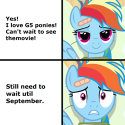 Size: 1024x1024 | Tagged: safe, rainbow dash, pegasus, pony, g4, g5, read it and weep, female, meme, realization, solo, teeth, uh oh