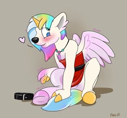 Size: 3251x3021 | Tagged: safe, artist:foxxy-arts, silverstream, oc, oc only, oc:ingersoll, dog, hippogriff, g4, blushing, character to character, clothes, collar, dress, floating heart, furry, heart, high res, horn, inflatable, jewelry, lip bite, necklace, rubber, solo, transformation, underhoof, unicorn horn