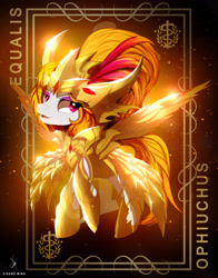 Size: 3928x5000 | Tagged: safe, artist:zidanemina, oc, oc only, oc:equalis, earth pony, pony, anime cr, armored pony, black background, crossover, gold cloth, looking at you, saint seiya, simple background, smiling, solo, zodiac