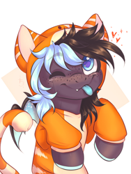 Size: 1200x1600 | Tagged: safe, artist:falafeljake, oc, oc only, bat pony, pony, animal costume, clothes, costume, cute, freckles, one eye closed, solo, tongue out
