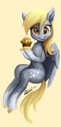Size: 1080x2250 | Tagged: safe, artist:raphaeldavid, derpy hooves, pegasus, pony, g4, chest fluff, cloven hooves, cute, derpabetes, female, food, looking at you, mare, muffin, open mouth, signature, simple background, solo, unshorn fetlocks, yellow background