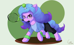 Size: 2147x1308 | Tagged: safe, artist:cyonixcymatro, izzy moonbow, pony, unicorn, g5, ball, clothes, female, horn, horn guard, horn impalement, hornball, izzy's tennis ball, looking at you, mare, mouth hold, pants, raised hoof, shirt, signature, solo, sports, tennis, tennis ball, tennis racket, wristband