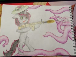 Size: 1600x1200 | Tagged: safe, artist:triksa, oc, oc:number seventeen, pony, unicorn, colored sketch, fight, gun, hat, scar-h, sketch, tentacles, traditional art, weapon