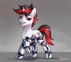 Size: 2296x2000 | Tagged: safe, artist:jedayskayvoker, oc, oc only, oc:blackjack, cyborg, pony, unicorn, fallout equestria, fallout equestria: project horizons, amputee, colored, colored sketch, cyber legs, cybernetic legs, facial hair, fanfic art, female to male, full color, high res, male, raised hoof, rule 63, sketch, solo, stallion