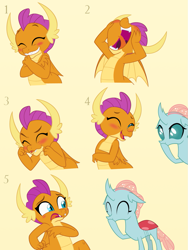 Size: 975x1300 | Tagged: safe, artist:queencold, ocellus, smolder, changedling, changeling, dragon, g4, blushing, caught, commission, cute, diaocelles, dragoness, duo, duo female, embarrassed, eyes closed, female, giggling, hoof over mouth, open mouth, simple background, smolderbetes