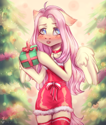Size: 1960x2300 | Tagged: safe, artist:zefirka, fluttershy, pegasus, semi-anthro, g4, arm hooves, blushing, choker, christmas, christmas tree, clothes, female, floppy ears, holiday, light, present, skirt, socks, solo, spread wings, thigh highs, tree, wings, zettai ryouiki