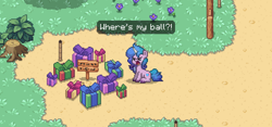Size: 2560x1200 | Tagged: safe, izzy moonbow, pony, unicorn, pony town, g5, adorable distress, crying, cute, flower, izzybetes, present, sign, that pony sure does love tennis balls, tree stump