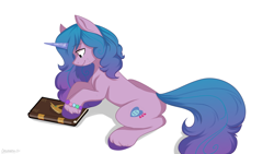 Size: 1920x1080 | Tagged: safe, artist:cottonaime, derpibooru exclusive, izzy moonbow, pony, unicorn, g5, book, book of harmony, crying, female, mare, simple background, smiling, solo, unshorn fetlocks, white background