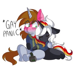 Size: 1378x1378 | Tagged: safe, artist:claire205715, oc, oc only, oc:littlepip, oc:velvet remedy, pony, unicorn, fallout equestria, blushing, female, huggies, lesbian, mare