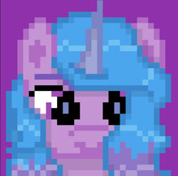 Size: 561x557 | Tagged: safe, artist:explosionmare, izzy moonbow, pony, unicorn, g5, female, mare, pixel art, purple background, simple background, solo