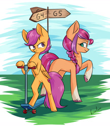 Size: 1472x1698 | Tagged: safe, artist:kiselan, scootaloo, sunny starscout, earth pony, pegasus, pony, g4, g5, bipedal, braid, cutie mark, duo, duo female, featureless crotch, female, green, guidepost, look-alike, looking back, mare, scooter, signature, sky, smiling, unshorn fetlocks