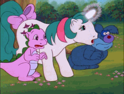 Size: 710x540 | Tagged: safe, screencap, gusty, spike (g1), dragon, furbob, pony, unicorn, g1, my little pony 'n friends, the end of flutter valley, animated, female, gif, glowing horn, horn, magic, male, mare, patting, talking
