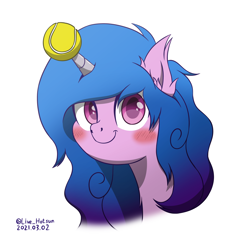 Size: 1600x1600 | Tagged: safe, artist:livehotsun, izzy moonbow, pony, unicorn, g5, ball, blushing, bust, cute, ear fluff, female, horn, horn guard, horn impalement, hornball, izzy's tennis ball, looking at you, mare, portrait, signature, simple background, smiling, solo, tennis ball, white background