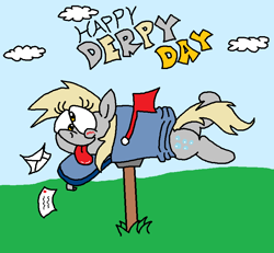 Size: 802x740 | Tagged: safe, artist:dragonboi471, derpy hooves, pony, g4, blushing, derpy day, derpy inside a mailbox, mailbox, solo, stuck, tongue out