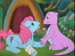 Size: 640x480 | Tagged: safe, screencap, baby cuddles, spike (g1), dragon, pony, g1, my little pony 'n friends, the end of flutter valley, animated, bandage, comforting, duo, female, injured, male, scared, sound, talking, webm