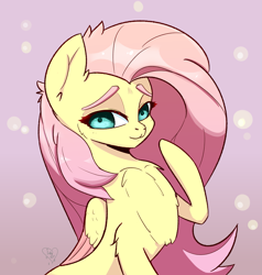 Size: 2731x2867 | Tagged: safe, artist:inkypuso, fluttershy, pegasus, pony, abstract background, blushing, chest fluff, colored wings, cute, daaaaaaaaaaaw, female, high res, looking at you, mare, shyabetes, solo, wings