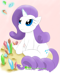 Size: 1179x1440 | Tagged: safe, artist:sonicsnake, rarity, pony, unicorn, g4, crystal, female, glowing horn, horn, magic, mare, sitting, smiling, solo, telekinesis, text