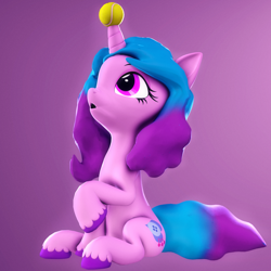 Size: 2131x2130 | Tagged: safe, artist:psfmer, izzy moonbow, pony, unicorn, g5, 3d, :o, ball, female, g5 to g4, gradient background, gradient mane, gradient tail, high res, horn, horn guard, horn impalement, hornball, izzy's tennis ball, looking up, mare, open mouth, purple background, raised hoof, raised leg, simple background, sitting, solo, source filmmaker, tennis ball, unshorn fetlocks