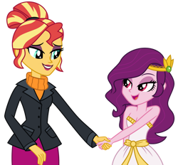 Size: 1024x951 | Tagged: safe, artist:emeraldblast63, pipp petals, sunset shimmer, equestria girls, g4, g5, the last problem, bare shoulders, clothes, dress, duo, duo female, equestria girls-ified, female, future, g5 to equestria girls, g5 to g4, greek, greek clothes, grin, holding hands, looking at each other, older, older sunset, open mouth, principal shimmer, principal sunset, red eyes, red-eyed pipp, simple background, sleeveless, smiling, strapless, teeth, transparent background, vector