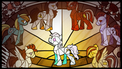 Size: 4000x2250 | Tagged: oc name needed, safe, artist:dragonwolfrooke, screw loose, oc, oc:4everfreebrony, oc:prince whateverer, earth pony, pegasus, pony, unicorn, g4, 4everfreebrony, song art, stained glass