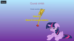 Size: 1061x597 | Tagged: safe, artist:futzi01, twilight sparkle, alicorn, pony, g4, female, game, game over, horn, mare, scepter, sitting, smiling, text, twilight scepter, twilight sparkle (alicorn), unamused, vine slicer, wings